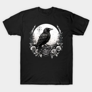 Fantasy Creature Raven Witchy Familiar Crow, Full Moon & Flowers T-Shirt